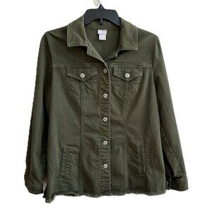 Chicos Soft Jean Jacket Army Green Utility Size Medium 8-10 (Chico's Size 1)
